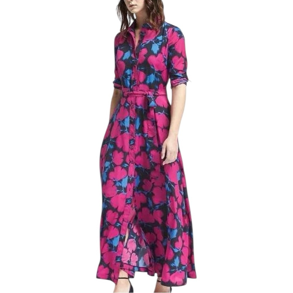 Banana Republic Vibrant Pink and Blue Floral Maxi Shirtwaist Dress.